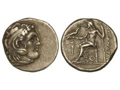 Dracma. 336-323 a.C. ALEJANDRO MAGNO. MACEDONIA. Anv.: Cabeza de Hércules con piel de león a derecha. Rev.: Zeus entronizado a izquierda, detrás leyenda. 4,30 grs. AR. Se-6730 var. MBC+.