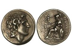Tetradracma. 323-281 a.C. LISÍMACO. TRACIA. Anv.: Cabeza diademada de Alejandro Magno con cuerno de Amón a derecha. Rev.: Atenea sentada a izquierda, sosteniendo a Nike. 16,70 grs. AR. Se-6814. EBC-/M