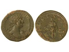 Dupondio. Acuñada el 119-121 d.C. ADRIANO. Anv.: IMP. CAESAR TRAIANVS HADRIANVS AVG. P. M. TR. P. COS. III. Busto radiado a derecha. Rev.: (SA)LVS PVBLICA. Salud en pie a izquierda, con pátera y timón