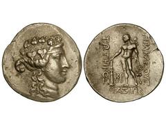 Tetradracma. 148 a.C. THASOS. Anv.: Cabeza de Dionisos joven a derecha. Rev.: Heracles con clava a izquierda, alrededor leyenda. 16,50 grs. AR. (Golpecitos). Se-1759. (MBC+).