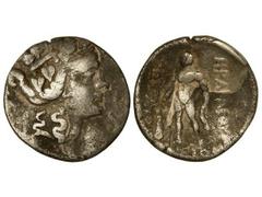 Tetradracma. 148 a.C. THASOS. Anv.: Cabeza de Dionisos joven a derecha. Rev.: Heracles con clava a izquierda, delante, detrás y debajo leyenda. 16,30 grs. AR. (Lámina de plata saltada en reverso). Se-