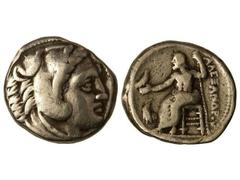 Tetradracma. 336-323 a.C. ALEJANDRO MAGNO. SALYMBRIA. Anv.: Cabeza de Hércules con piel de león a derecha. Rev.: Zeus entronizado a izquierda, detrás leyenda. 17 grs. AR. Müller-392. MBC/MBC-.