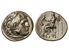 Dracma. ALEJANDRO MAGNO. CARDIA. Anv.: Cabeza de Hércules con piel de león a derecha. Rev.: Zeus entronizado a izquierda, alrededor leyenda y símbolos. 4,30 grs. AR. Müller-358. EBC.