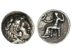 Tetradracma. 312-280 a.C. SELEUKOS I. REINO SELÉUCIDA. Anv.: Cabeza de Hércules con piel de león a derecha. Rev.: Zeus entronizado a izquierda, alrededor leyenda y símbolos. 17,02 grs. AR. Se-6829 var