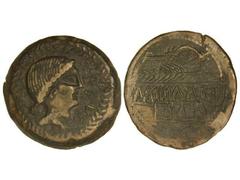 Dupondio. OBULCO. Anv.: Cabeza femenina a derecha, dentro de corona, delante OBVLCO. Rev.: Arado a derecha, debajo espiga y leyenda ibérica en dos líneas. 34,50 grs. AB-1779. (MBC).