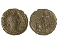 Tetradracma. 236-237 d.C. MAXIMINO. ALEJANDRÍA. Rev.: Júpiter en pie a izquierda con pátera y cetro, águila a sus pies, detrás LT. AE. GIC-No cat. EBC-/MBC+.