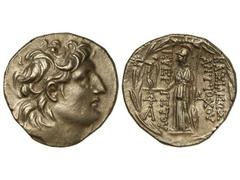 Tetradracma. 138-129 a.C. ANTÍOCO VII. REINO SELÉUCIDA. Anv.: Cabeza diademada a derecha. Rev.: Atenea en pie a izquierda, sosteniendo a Nike, delante y detrás leyenda. 17,10 grs. AR. Se-7092 var. EBC