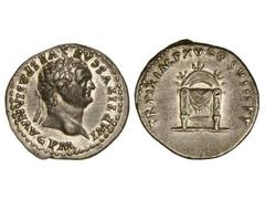 Denario. Acuñada el 79-80 d.C. TITO. Anv.: IMP. TITVS CAES. VESPASIAN AVG. P. M. Cabeza laureada a derecha. Rev.: TR. P. IX IMP. XV COS. VIII P. R. Trono con respaldo semicircular. C-313. EBC+.