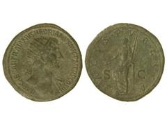 Dupondio. Acuñada el 119-121 d.C. ADRIANO. Anv.: IMP. CAESAR TRAIANVS HADRIANVS AVG. PM. TR. P. COS. III. Busto a derecha. Rev.: SALVS PVBLICA S. C. Salud a izquierda con timón y pátera, con el pie so