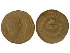 As. ÉPOCA DE TIBERIO. TURIASU. Anv.: Cabeza de Tiberio a derecha. Rev.: Láurea, dentro II VIR., alrededor leyenda. 12,60 grs. AB-2455. MBC-.