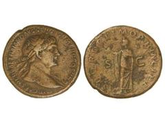 Dupondio. Acuñada el 104-110 d.C. TRAJANO. Anv.: IMP. CAES. NERVAE TRAIANO AVG. GER. DAC. PM. TR. P. COS. V P. P. Busto a derecha. Rev.: S. P. Q. R. OPTIMO PRINCIPI S. C. Esperanza a izquierda. MBC+.