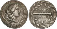 GREEK COINS Ancient Greece Tetradracma. 158-149 a.C. AMPHIPOLIS. MACEDONIA. Anv.: Escudo Macedonio, en el centro busto de Artemis a derecha, con arco y carcaj. Rev.: Clava a derecha, encima monograma,