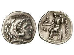 Dracma. 336-323 a.C. ALEJANDRO MAGNO. MACEDONIA. Anv.: Cabeza de Hércules con piel de león a derecha. Rev.: Zeus entronizado a izquierda, alrededor leyenda y monograma. 4,20 grs. AR. Se-6730 var. EBC-