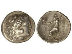 Tetradracma. 336-323 a.C. ALEJANDRO MAGNO. ¿ODESUS? . Anv.: Cabeza de Hércules con piel de león a derecha. Rev.: Zeus entronizado a izquierda, alrededor leyenda y monogramas. 16,70 grs. AR. (Golpecito