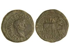 As. ÉPOCA DE TIBERIO. CALAGURRIS. Anv.: TI. AVGVS. DIVI. AVGVSTI F. IMP. CAESAR. Cabea laureada de Tiberio a derecha. Rev.: L. FVL. SPARSO. L. SATVRNINO II VIR M. C. I. Toro a derecha. 14,20 grs. Páti