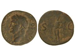 Dupondio. Acuñada el 27-12 a.C. AGRIPA. Anv.: (M. AGRIPP)A L. F. COS. III. Cabeza a izquierda con corona rostral. Rev.: S.C. Neptuno en pie a izquierda con tridente y delfín. 9,90 grs. Pátina oscura. 