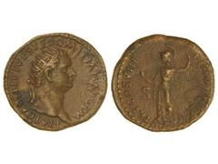 Dupondio. Acuñada el 82 d.C. DOMICIANO. Anv.: IMP. CAES. DIVI VESP. F. DOMITIAN. AVG. P. M. Busto radiado a derecha. Rev.: TR. P. COS. VIII DES. VIIII P. P. S. C. Minerva en pie a izquierda. MBC+/MBC.