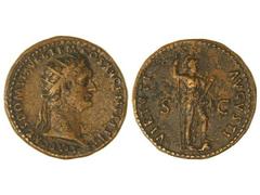 Dupondio. Acuñada el 86 d.C. DOMICIANO. Anv.: IMP. CAES. DOMIT. AVG. GERM. COS. XII CENS. PER. P. P. Busto radiado a derecha. Rev.: VIRTVTI AVGVSTI S. C. Valor en pie a derecha con lanza y parazonio. 