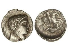 Tetradracma. 340-315 a.C. PAEONIA-PATRAOS. Anv.: Busto de Apolo a derecha. Rev.: Guerrero a caballo lanceando a enemigo caído. 13 grs. AR. Se-1520. MBC.