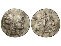 Tetradracma. S. II-I a.C. SIDE. Anv.: Busto de Atenea a derecha. Rev.: Nike avanzando a izquierda. K¶E-VX. 16,30 grs. AR. ESCASA EN ESTA CALIDA. Se-5436. EBC/EBC-.