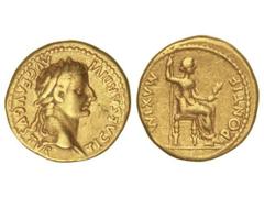 Áureo. (14-17 d.C.). TIBERIO. LUGDUNUM. Anv.: TI. CAESAR DIVI AVG. F. AVGVSTVS. Busto laureado de Tiberio a derecha. Rev.: PONTIF. MAXIM. Livia sentada a derecha con cetro y flor. 7,67 grs. AU. Se-176