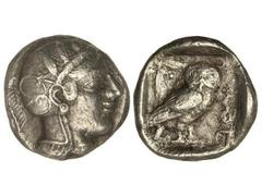 Tetradracma. 465-460 a.C. ATENAS. Anv.: Busto de Atenea a derecha. Rev.: Lechuza en pie de frente, detrás rama de olivo. 16,90 grs. AR. Variante sin creciente. (Oxidaciones limpiadas). Se-2519 sim. MB