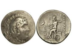 Tetradracma. 336-323 a.C. ALEJANDRO MAGNO PHILOMELIUM. Anv.: Cabeza de Hércules con piel de león a derecha. Rev.: Zeus entronizado a izquierdad, detrás leyenda, delante símbolos, debajo resello. 16,40