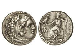 Dracma. 336-323 a.C. ALEJANDRO MAGNO. MELITAEA. Anv.: Cabeza de Hércules con piel de león a derecha. Rev.: Zeus entronizado a izquierda, detrás leyenda, delante símbolo mosca. 4,30 grs. AR. Müller-508
