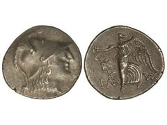 Tetradracma. 155-136 a.C. SIDE. PAMPHYLIA. Anv.: Busto de Atenea con casco a derecha. Rev.: Nike avanzando a izquierda. K¶E-VX. 16 grs. AR. Pátina. Se-5436. MBC+/EBC-.