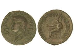 Dupondio. Acuñada el 37-41 d.C. AUGUSTO. Anv.: DIVVS AVGVSTVS S. C. Cabeza radiada a izquierda. Rev.: CONSENSV SENAT. ET. EQ. ORDIN. P. Q. R. Augusto sentado a izquierda. 15,40 grs. Pátina verde. C-87