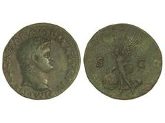 Dupondio. Acuñada el 54-68 d.C. NERÓN. Anv.: IMP. NERO CAESAR AVG. P. MAX. TR. P. P. P. Cabeza a derecha. Rev.: S. C. Victoria a izquierda portando un escudo con inscripción S. P. Q. R. 13,90 grs. Pát