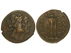 Tetras. 203-89 a.C. RHEGION. Anv.: Bustos laureados de Apolo y Artemisa superpuestos a derecha. Rev.: Trípode, en ambos lados leyenda, a derecha cuatro puntos. 10,20 grs. AE. Pátina marrón. Se-691. MB