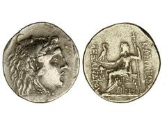 Tetradracma. 336-323 a.C. ALEJANDRO MAGNO. MESEMBRIA. Anv.: Cabeza de Hércules con piel de león a derecha. Rev.: Zeus entronizado a izquierda, detrás leyenda, delante leyenda y símbolo. 16,30 grs. AR.