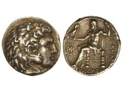 Tetradracma. 336-323 a.C. ALEJANDRO MAGNO. MACEDONIA, TRACIA y THESALIA. Anv.: Cabeza de Hércules con piel de león a derecha. Rev.: Zeus entronizado a izquierda, alrededor leyenda y monogramas. 17 grs