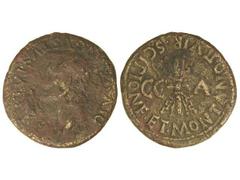 Dupondio. ÉPOCA DE CALÍGULA. CAESARAUGUSTA. Anv.: DIVVS AVGVSTVS PATER. Cabeza radiada de Augusto a izquierda. Rev.: C. C. A. SCIPIONE ET MONTANO II VIR. en medio fulmen. 24,20 grs. Pátina rojiza. (Li