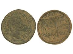 As. ÉPOCA DE TIBERIO. CASCANTUM. Anv.: TI. CAESAR DIVI. AVG. F. AVGVSTVS. Cabeza laureada de Tiberio a derecha. Rev.: MVNICIP. CASCANTVM. Toro a derecha. 11,60 grs. Pátina verde. AB-691. MBC.