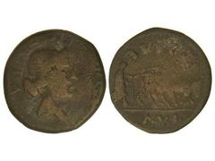 Dupondio. ÉPOCA DE AUGUSTO. EMERITA. Anv.: EMERITA (AVGVSTA). Cabeza femenina a derecha. Rev.: PER. CAE. AVG. Yunta a derecha. 11,90 grs. Pátina oscura. AB-No cat. (sim. 1000). BC+.