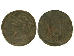 Dupondio. ÉPOCA DE AUGUSTO. GADES. Anv.: Cabeza de Hércules con piel de león a izquierda, detrás clava. Rev.: (BAL)BVS PONT. Cuchillo, símpulo y hacha. 19,80 grs. Pátina verde. (Rayitas y oxidaciones.