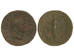 Dupondio. Acuñada el 75 d.C. TITO. Anv.: T. CAESAR IMP. COS. IIII. Cabeza radiada a derecha. Rev.: FELICITAS PVBLICA S. C. Felicidad estante a izquierda. 14,90 grs. Pátina roja. (Oxidaciones). C-83. M