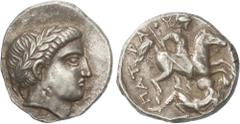 GREEK COINS Ancient Greece Tetradracma. 331-315 a.C. PATRAOS. PEONIA. Anv.: Cabeza laureada de Apolo a derecha. Rev.: ΠΑΤΡΑΟΥ. Jinete armado galopando a derecha, debajo enemigo. 12,62 grs. AR. HGC 3-1