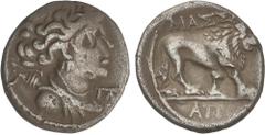 GREEK COINS Ancient Greece Dracma. 200 a.C. MASSALIA. Anv.: Busto diademado de Artemis a derecha. Rev.: León alrededor leyenda. 2,57 grs. AR. Se-77 var. MBC.