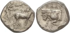 GREEK COINS Ancient Greece Tetradracma. 450-440 a.C. GELA. SICILIA. Anv.: Auriga conduciendo cuadriga lenta a derecha; arriba, Nike volando a derecha. Rev.: Parte delantera de toro con cabeza de hombr