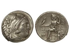 Dracma. 336-323 a.C. ALEJANDRO MAGNO. ABDERA. Anv.: Cabeza de Hércules con piel de león a derecha. Rev.: Zeus entronizado a izquierda, detrás leyenda, delante símbolos. 4,10 grs. AR. Müller-290 sim. M