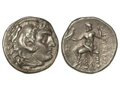 Dracma. 336-323 a.C. ALEJANDRO MAGNO. MACEDONIA. Anv.: Cabeza de Hércules con piel de león a derecha. Rev.: Zeus entronizado a izquierda, detrás leyenda, delante símbolo. 4,20 grs. AR. (Ligera grieta)