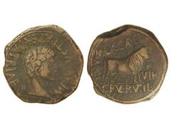 As. ÉPOCA DE TIBERIO. CALAGURRIS. Anv.: (TI. AVGSV. DI)VI. (AV)GVSTI. F. IMP. CAESAR. Cabeza laureada de Tiberio a derecha. Rev.: (L.) FVL. SPAR(SO) L. SATVRNINO (II) VIR. M. C. I. Toro a derecha. 10,