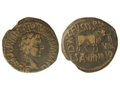 As. ÉPOCA DE TIBERIO. CALAGURRIS. Anv.: TI. AVGVS. DIVI AVGVSTI. F. IMP. CAESAR. Cabeza laureada de Tiberio a derecha. Rev.: L. FVL. SPARS(O.) L. SATVRNINO. II VIR. M. C. I. Toro a derecha. 10,70 grs.