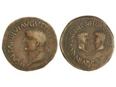 As. ÉPOCA DE TIBERIO. CARTAGONOVA. Anv.: TI. CAESAR AVGVSTI (F. AVGVSTVS P. M.). Cabeza desnuda de Tiberio a izquierda. Rev.: NERO. ET DRVSVS (CAESARES) QVINQ. C. V. I. N. C. Cabezas enfrentadas de Ne