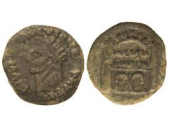 Dupondio. ÉPOCA DE TIBERIO. EMERITA. Anv.: DIVVS AVGVSTVS PATER. Cabeza radiada de Augusto a izquierda. Rev.: AVGVSTA EMERITA. Puerta. 15,43 grs. Pátina oscura. (Oxidaciones). AB-1035. MBC.