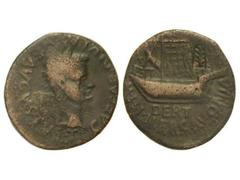 As. ÉPOCA DE TIBERIO. ILERGAVONIA. Anv.: TI. CAESAR DIVI AVG. AVGVSTVS. Cabeza laureada de Tiberio a derecha. Rev.: DERT. M. H. ILERGAVONI. Nave a izquierda. 7,60 grs. Pátina oscura. Resello espiga o 