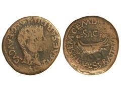 As. ÉPOCA DE TIBERIO. SAGUNTO. Anv.: TI. CAESAR DIVI AVG. F. AVGVS. Cabeza de Tiberio a derecha. Rev.: SAG. L. SEMP. GEMI(NO) L. VAL. SVRA. II V(IR.). Nave. 14,20 grs. Resello DD. AB-2091 var. BC+/MBC